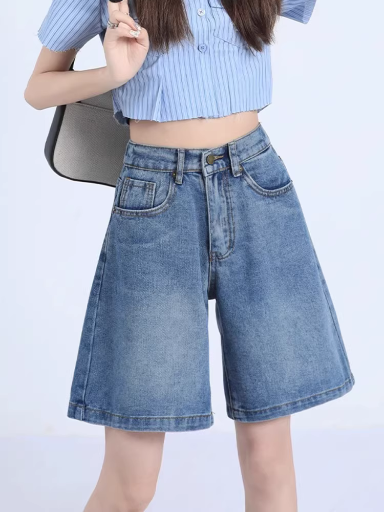 Quần short denim xanh La Chapelle dành cho nữ, mùa hè 2025, kiểu dáng mới, cạp cao, rộng rãi, dáng chữ A, thẳng.