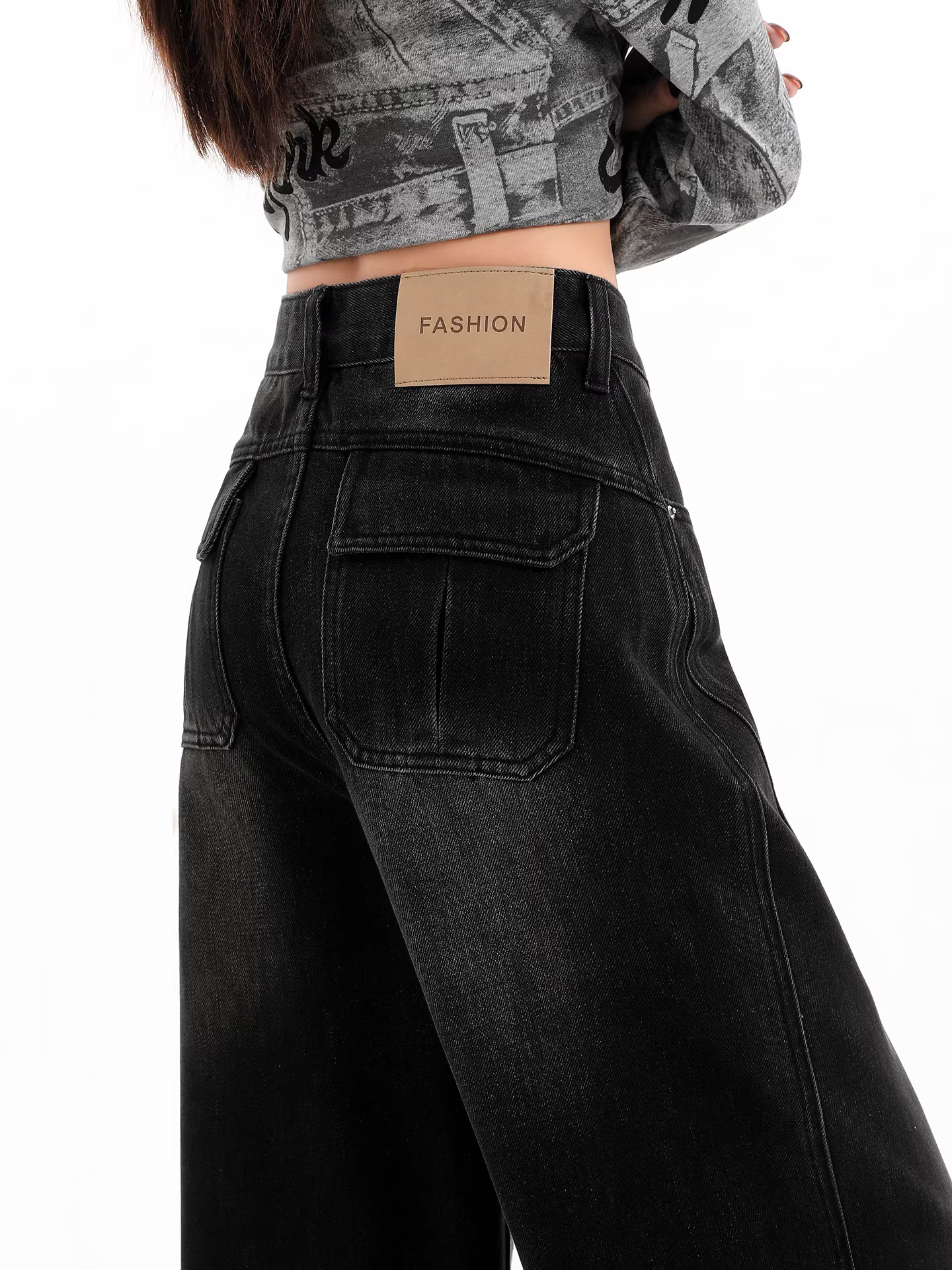 Quần jeans ống rộng dày dặn lót lông cừu đen La Chapelle dành cho nữ, thu đông 2025, kiểu dáng mới, cạp cao, tôn dáng, thẳng.