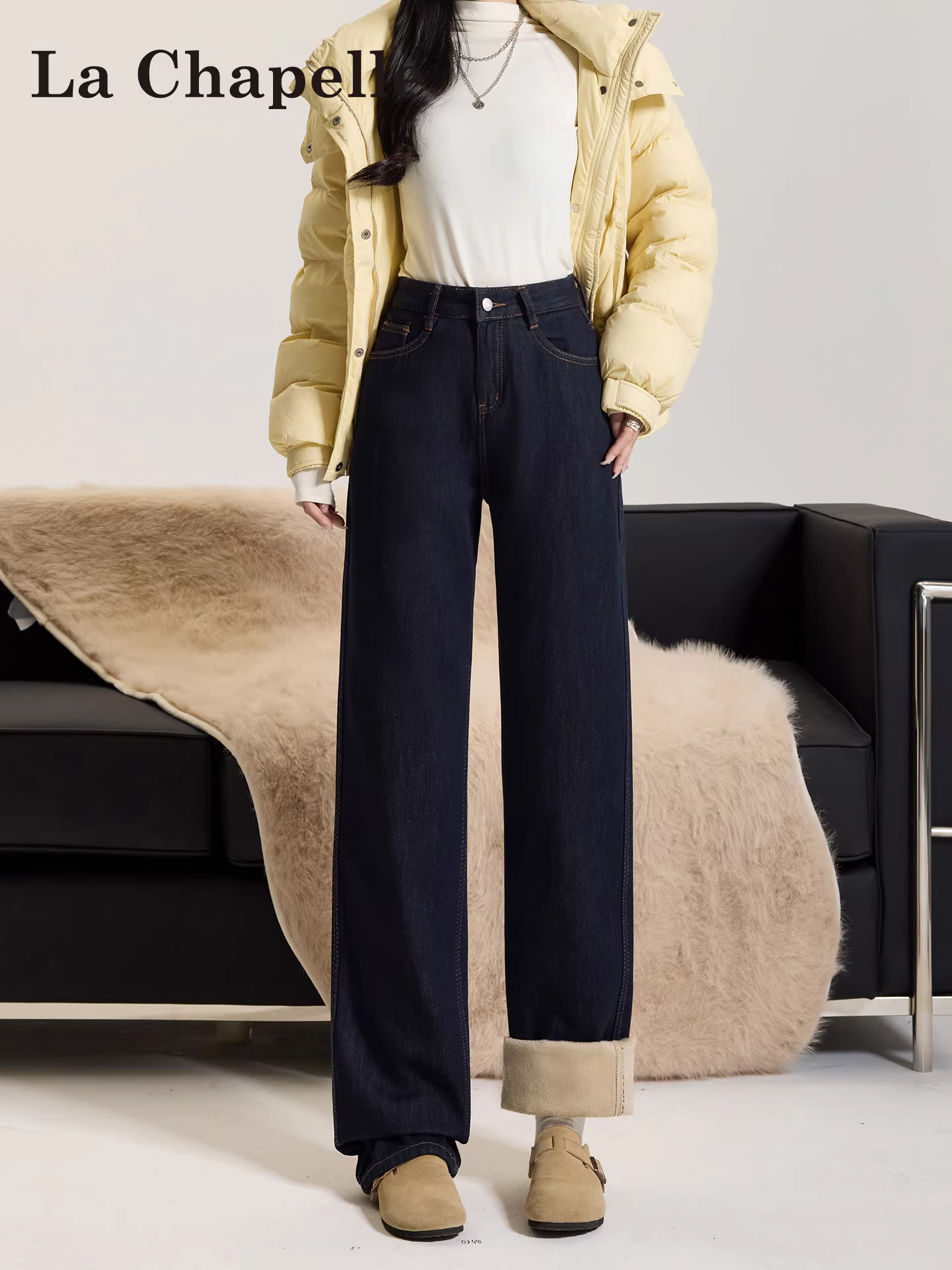 Quần jeans ống rộng dày dặn lót lông màu xanh đậm La Chapelle dành cho nữ, mùa thu đông 2025, kiểu dáng mới, cạp cao, ôm dáng, chất liệu mềm mại