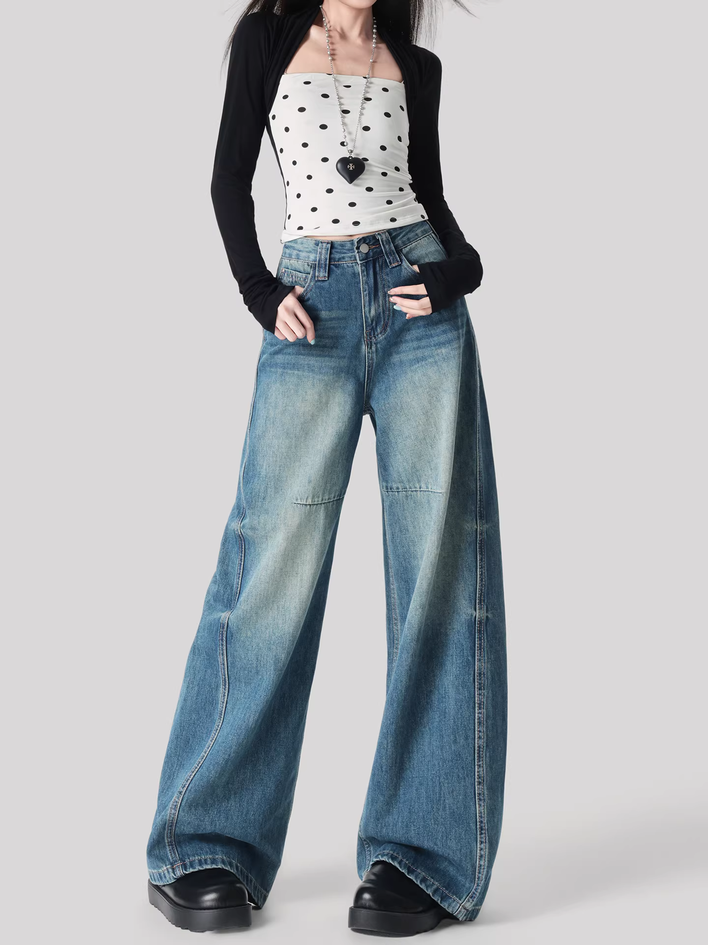 Quần jeans ống rộng La Chapelle kiểu retro dành cho nữ, mẫu mới thu đông 2025, cạp cao, dáng rộng, thẳng, dành cho người nhỏ nhắn