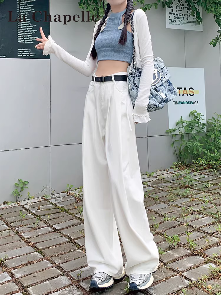 Quần jeans trắng La Chapelle ống rộng dành cho nữ, kiểu dáng mới hot mùa thu đông 2025, quần dài suông lưng cao dáng thẳng dài chạm sàn