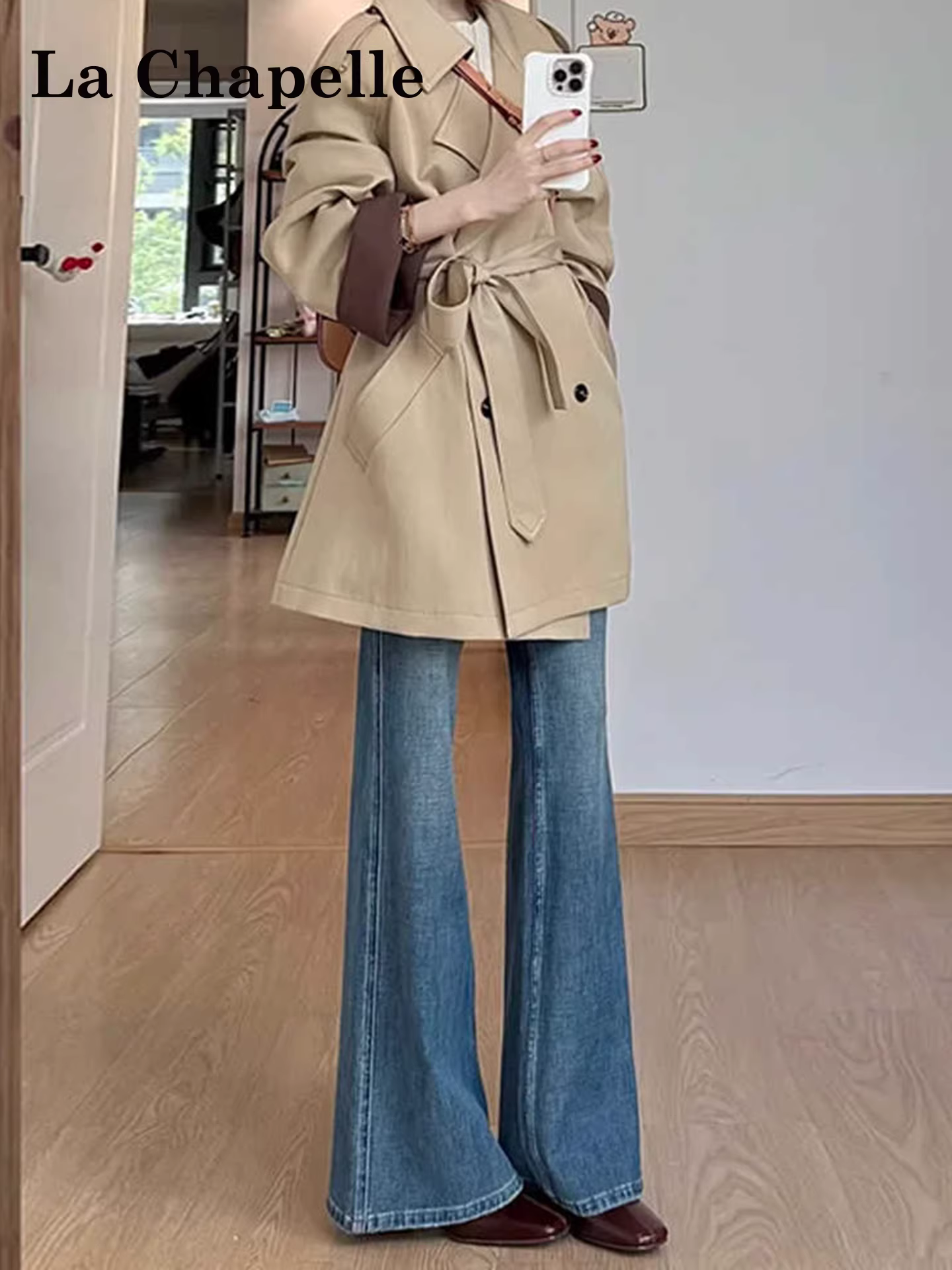 Quần jeans nữ La Chapelle kiểu dáng retro, lót lông dày, ống loe, mùa đông 2025, cạp cao, ôm dáng, kiểu chuông