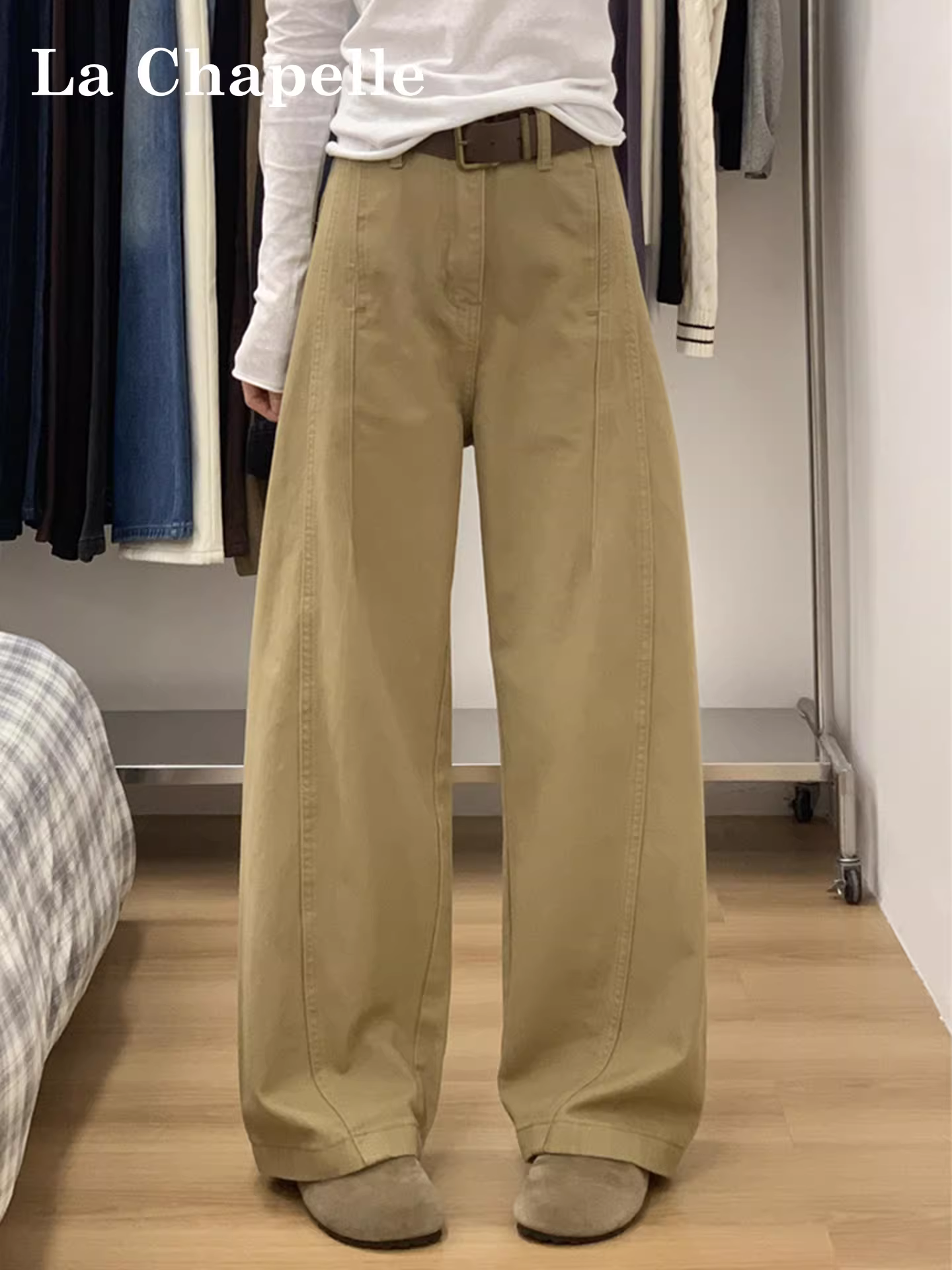 Quần jeans ống rộng lót lông cừu dày dặn La Chapelle dành cho nữ, mẫu mới thu đông 2025, cạp cao, dáng thẳng, chất liệu mềm mại