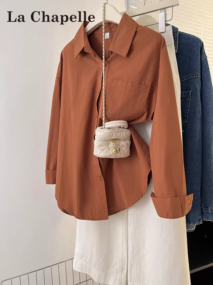 Áo sơ mi dài tay màu caramel La Chapelle dành cho nữ, mẫu mới thu 2025, kiểu dáng rộng, áo khoác cardigan, áo ngoài