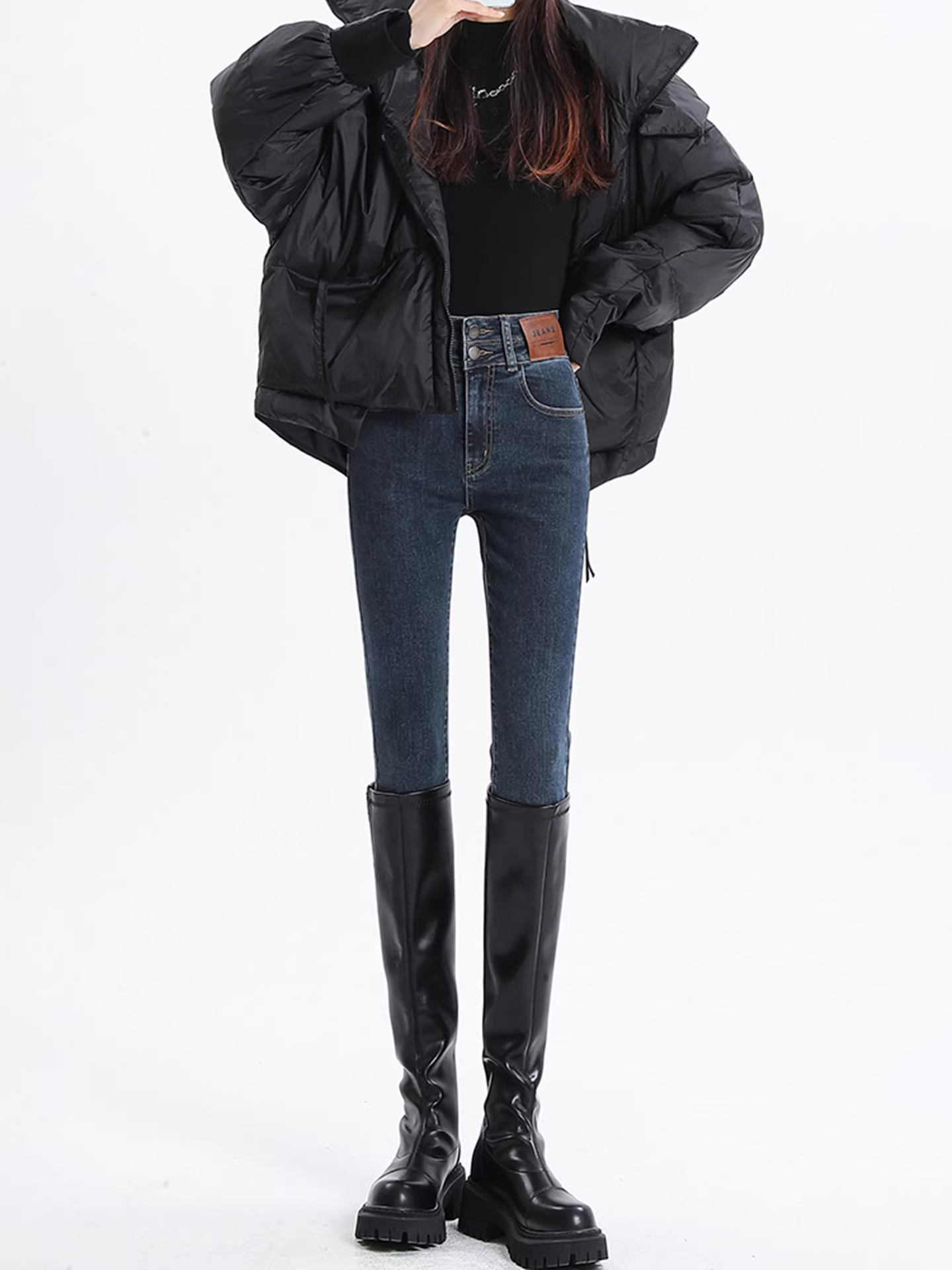 Quần jean nữ La Chapelle kiểu dáng ôm sát, lót lông dày dặn, mùa thu đông 2025, dành cho người nhỏ nhắn