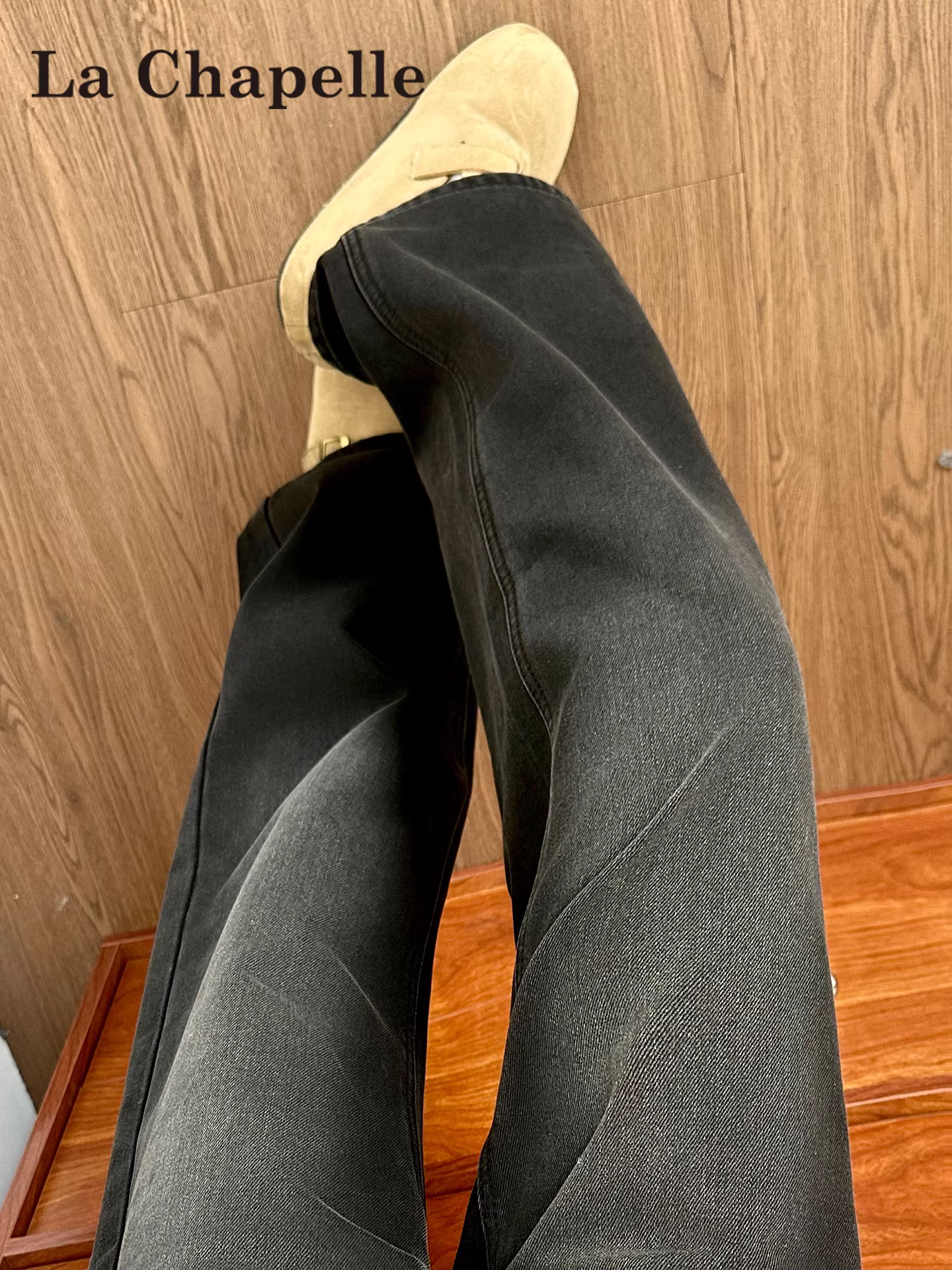 Quần jeans ống rộng dày dặn lót lông màu xám La Chapelle dành cho nữ, mẫu mới thu đông 2025, cạp cao, dáng ôm thẳng