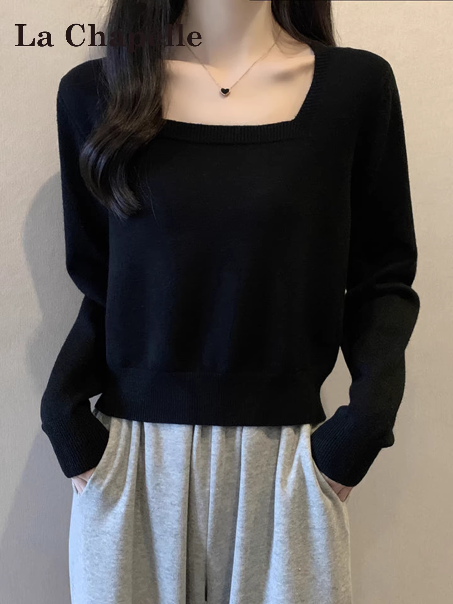 Áo len dệt kim cổ vuông dài tay màu đen La Chapelle dành cho nữ 2025 lớp áo lót mới mùa thu đông