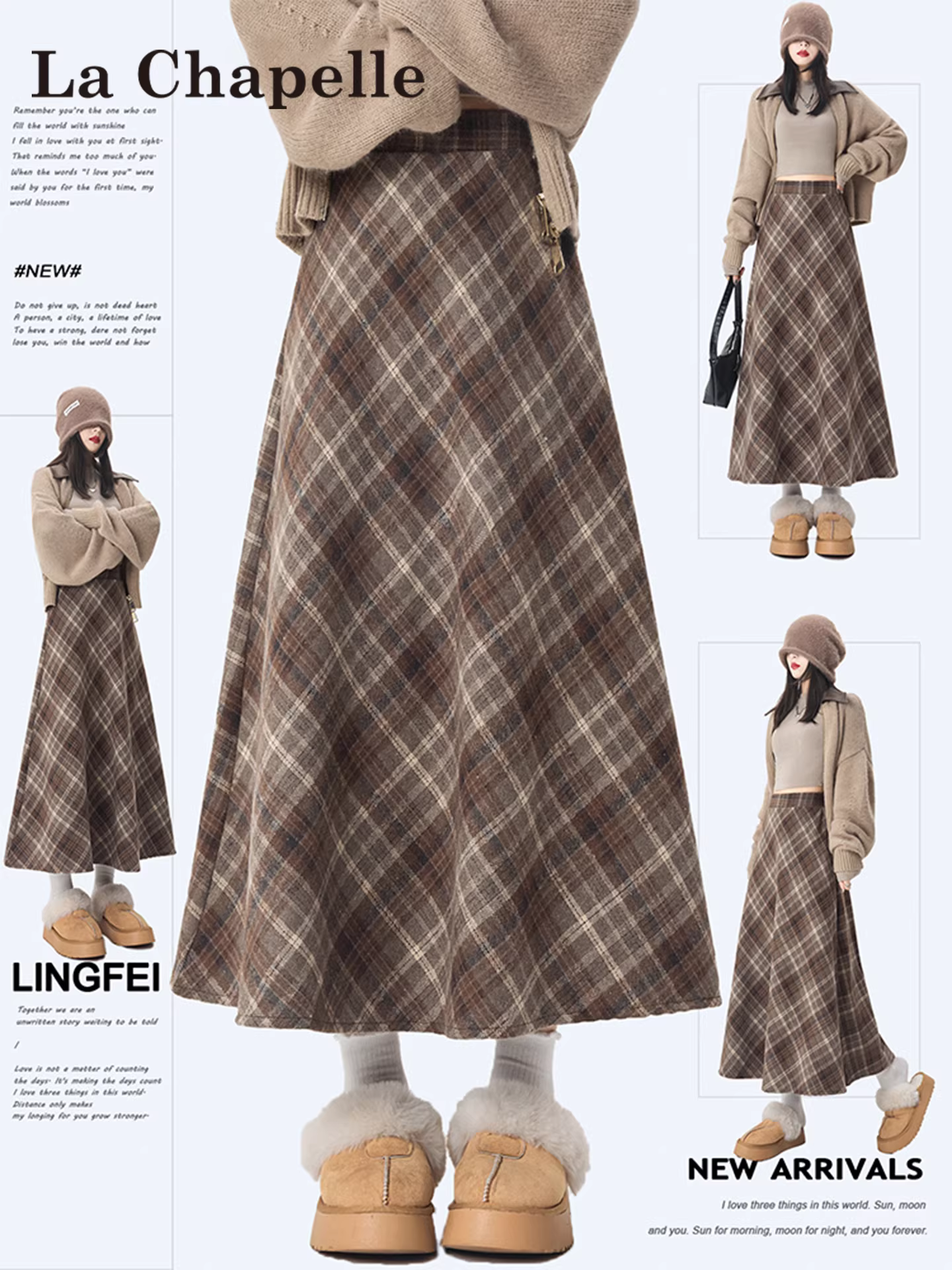 Váy len kẻ ca rô La Chapelle dành cho nữ, mẫu mới thu đông 2025, cạp cao, dáng chữ A, kiểu dáng ôm dáng, dài.