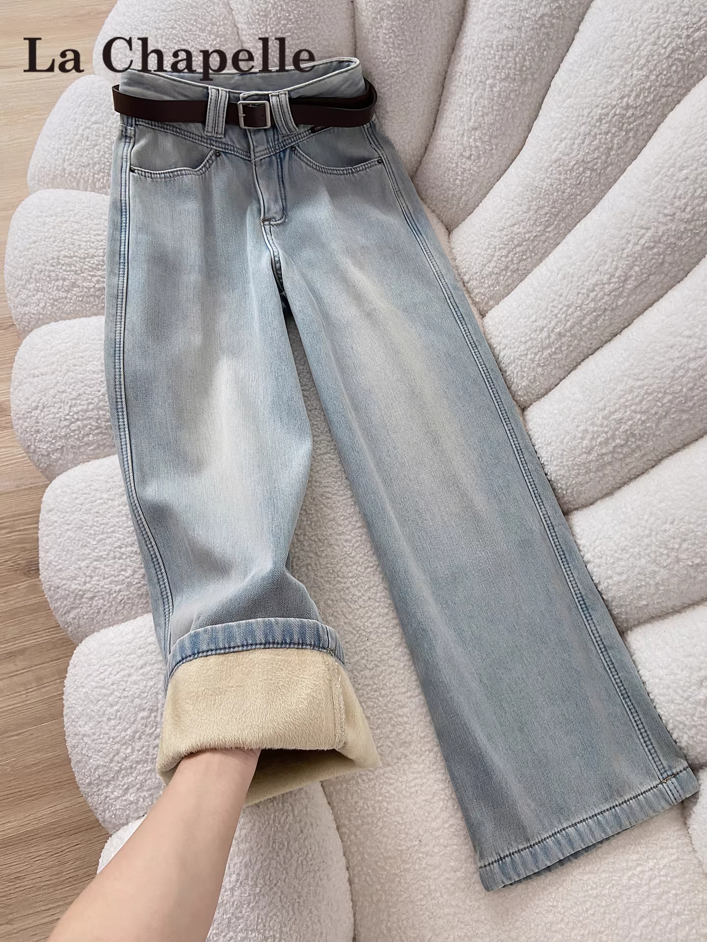 Quần jeans ống rộng lót lông La Chapelle dành cho nữ, mẫu mới thu đông 2025, cạp cao, dáng nhỏ nhắn, chất dày, ống thẳng