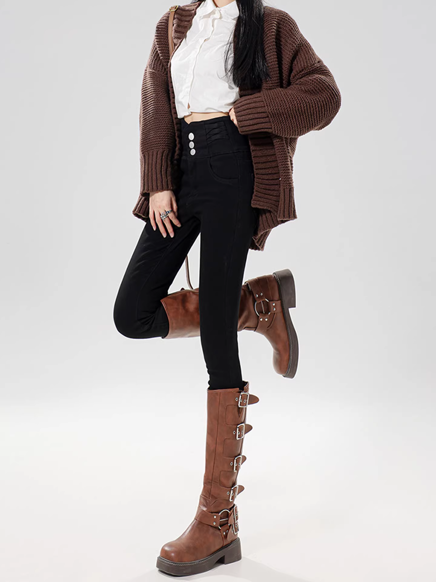 Quần jeans nữ La Chapelle kiểu dáng ôm sát, lót lông cừu, mùa thu đông 2025, cạp cao, dáng bút chì