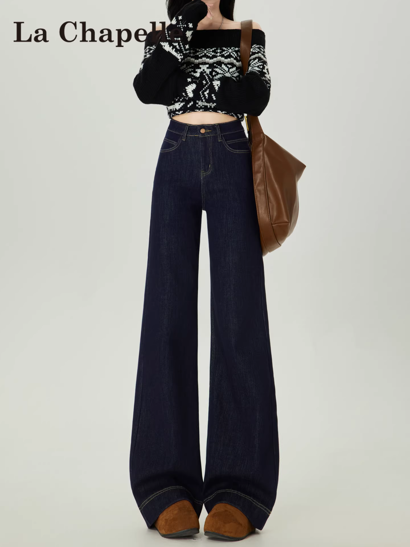 Quần jeans ống loe dày dặn lót lông màu xanh đậm La Chapelle dành cho nữ, mẫu mới thu đông 2025, không bó sát