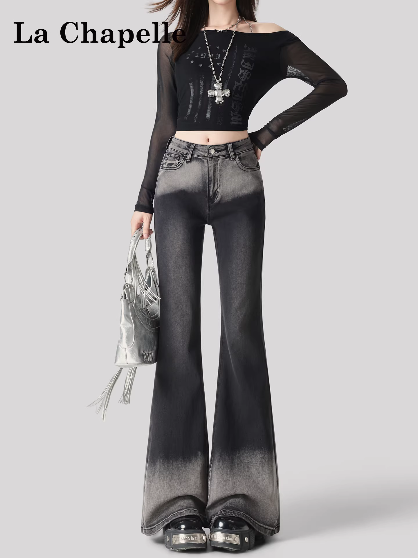 Quần jeans La Chapelle dáng ôm xòe retro dành cho nữ, mẫu mới thu đông 2025, cạp cao, chất liệu co giãn, kiểu dáng chuông, thiết kế rách cá tính