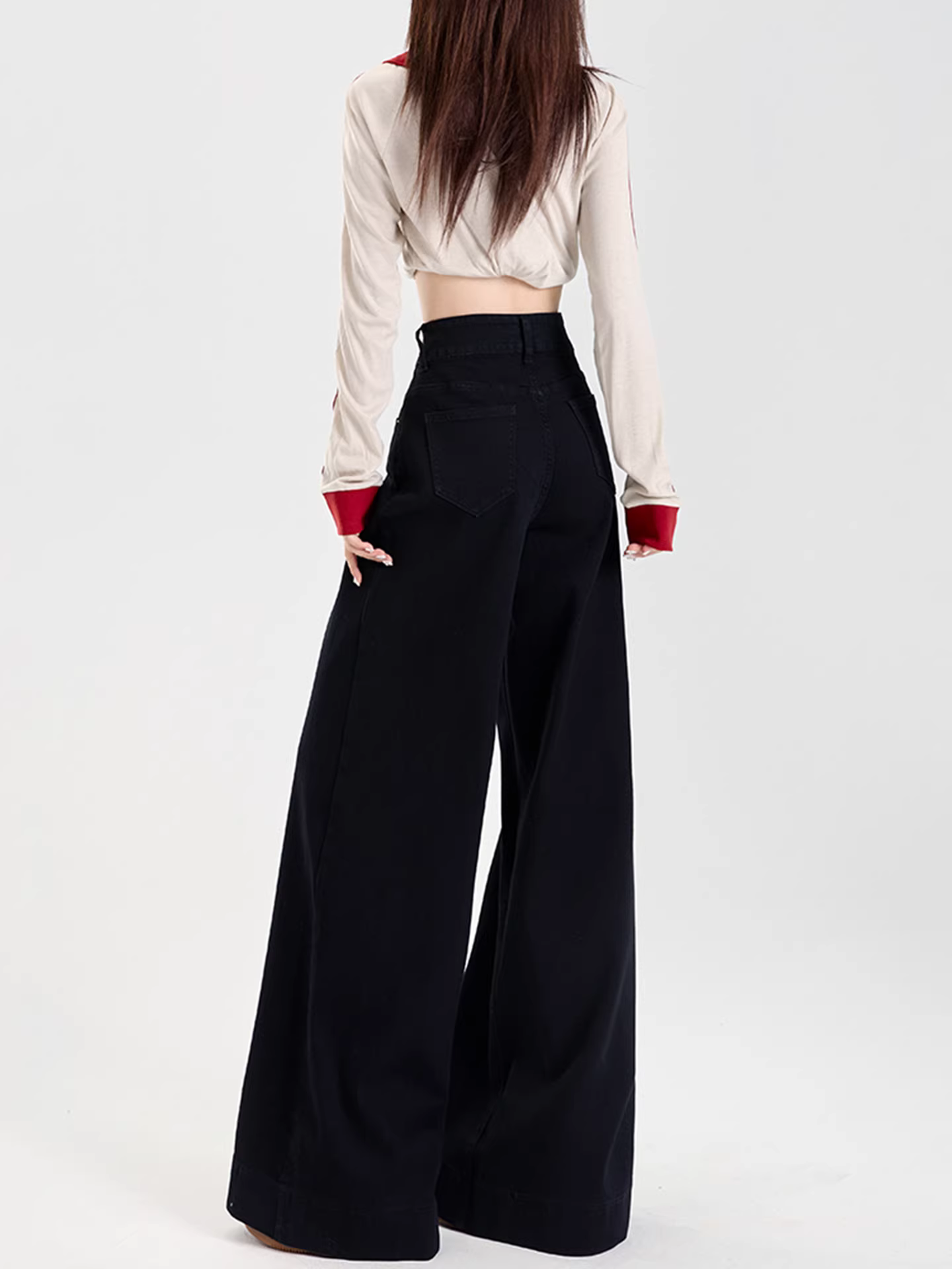 Quần jeans ống loe dày lót lông cừu đen La Chapelle dành cho nữ, mẫu mới thu đông 2025, cạp cao