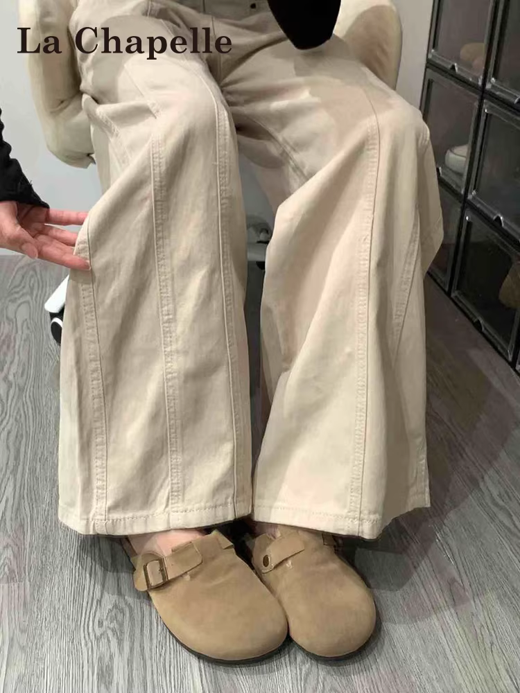 Quần jean công sở ống rộng kiểu Mỹ La Chapelle dành cho nữ, quần ống đứng cạp cao lót lông cừu mới dành cho mùa thu đông.
