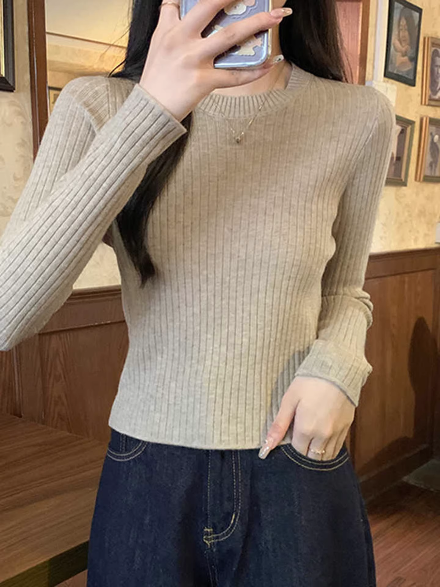 Áo thun nữ cổ tròn tay dài La Chapelle kiểu dáng ôm body, chất liệu dệt kim, mẫu mới thu đông 2025