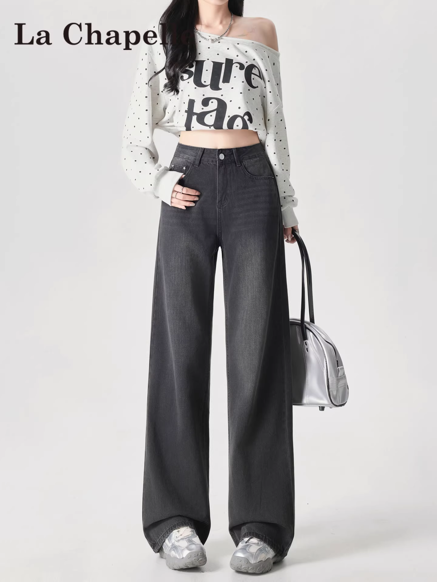 Quần jeans đen dáng rộng kiểu Mỹ La Chapelle dành cho nữ, mẫu mới thu đông 2025, dáng suông rộng, size nhỏ