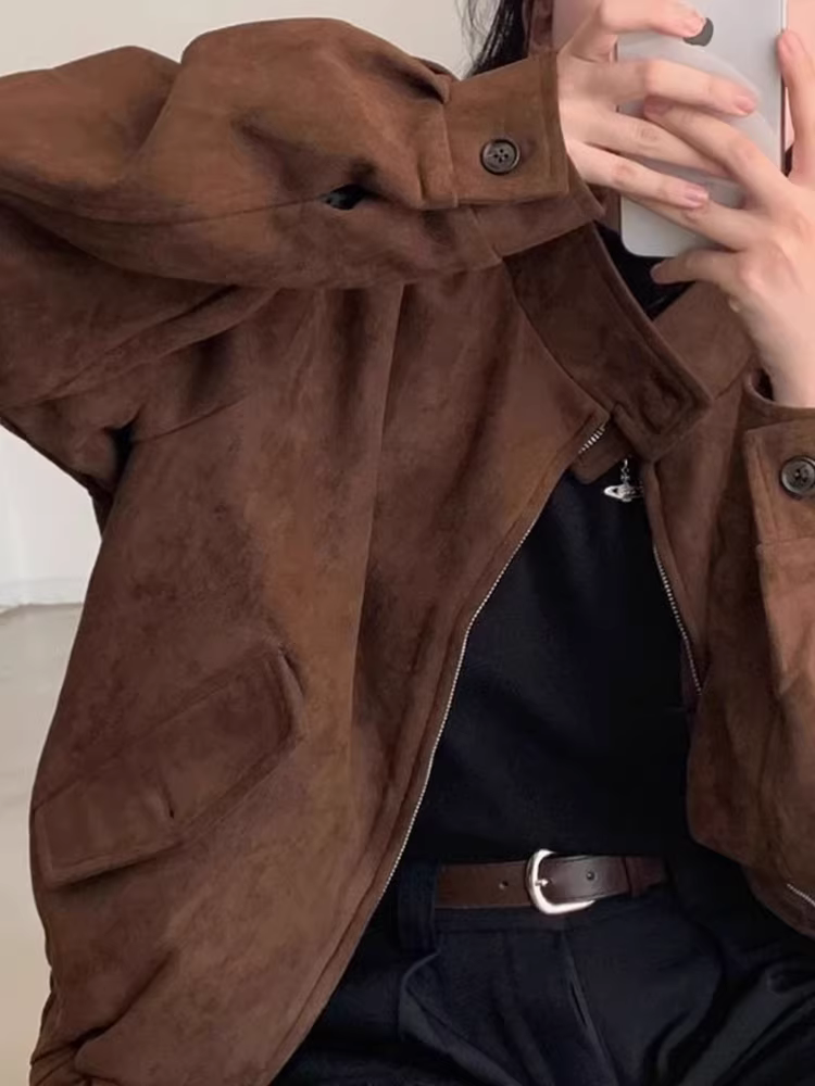 Áo khoác da lộn La Chapelle kiểu cổ điển dành cho nữ, thiết kế lót lông mùa thu đông 2025, kiểu dáng độc đáo