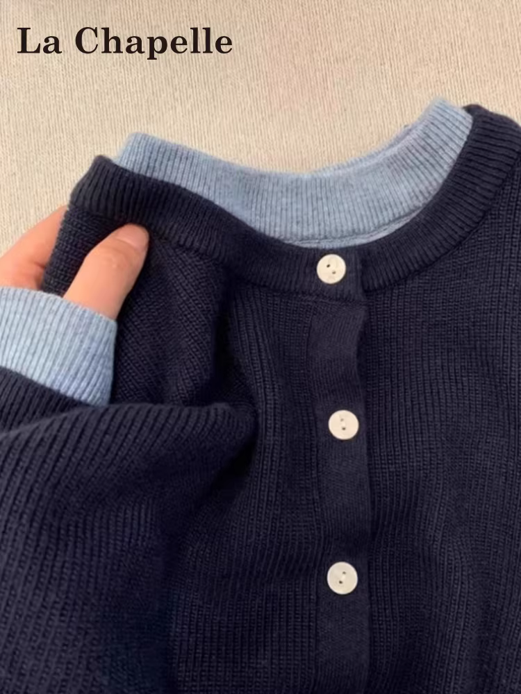 Áo len cardigan dệt kim giả hai lớp tay dài La Chapelle dành cho nữ, mẫu mới thu đông 2025, kiểu dáng rộng, mặc lót bên trong