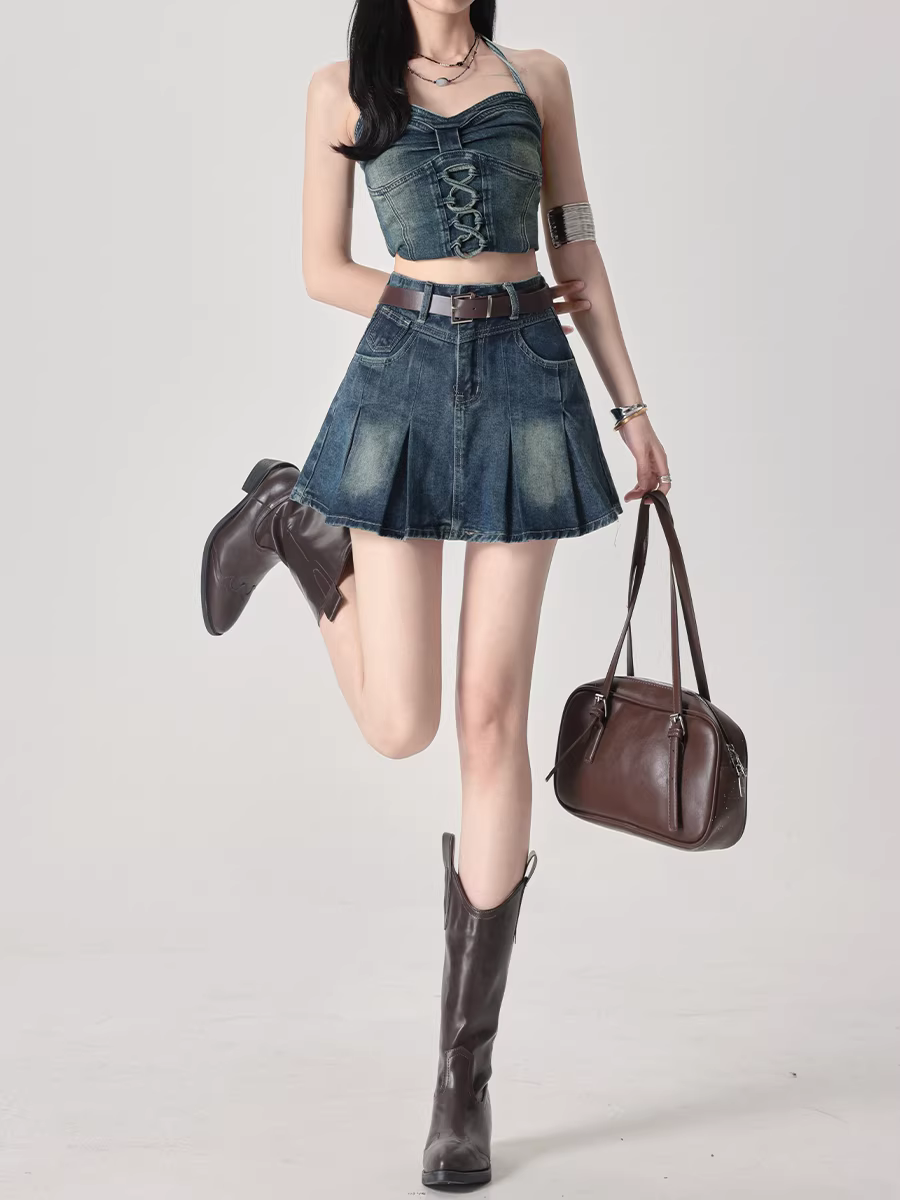 Chân váy denim nữ La Chapelle kiểu dáng xòe xếp ly ngắn, cạp cao, size nhỏ, mùa hè mới 2025