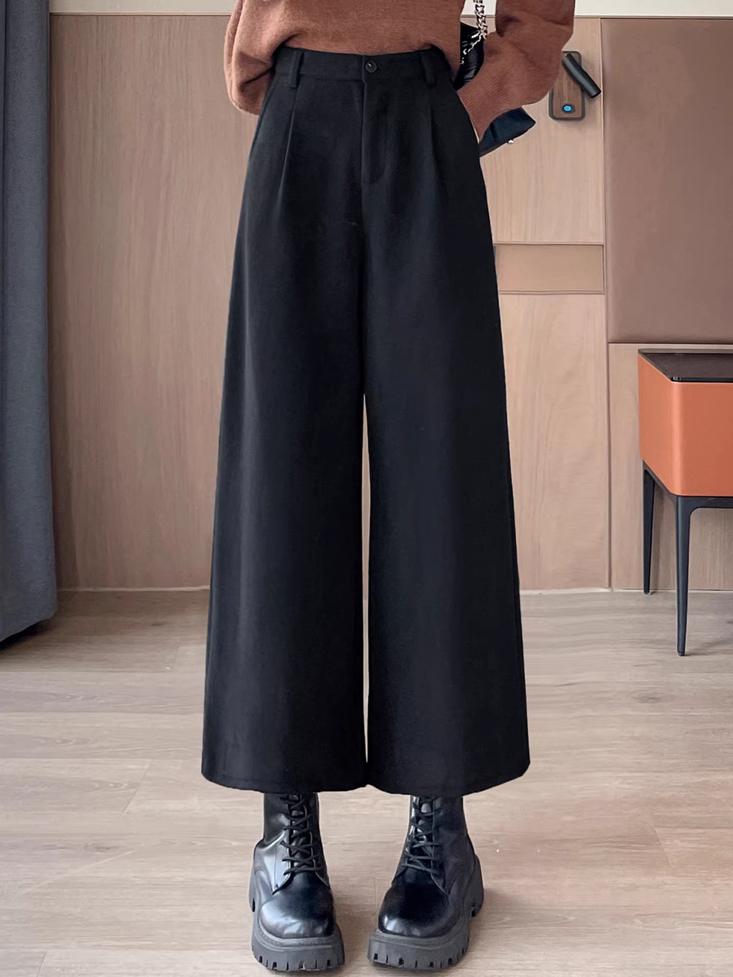 Quần jeans ống rộng lót lông màu xám La Chapelle dành cho nữ, kiểu dáng mới thu đông 2025, cạp cao, dáng suông, dài đến mắt cá chân