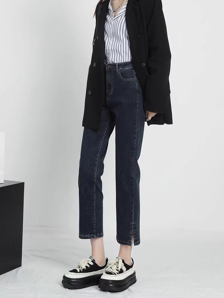 Quần jeans La Chapelle dáng ôm thẳng dành cho nữ, mẫu mới thu đông 2025, cạp cao, co giãn, xẻ tà, kiểu dáng cigarette ngắn