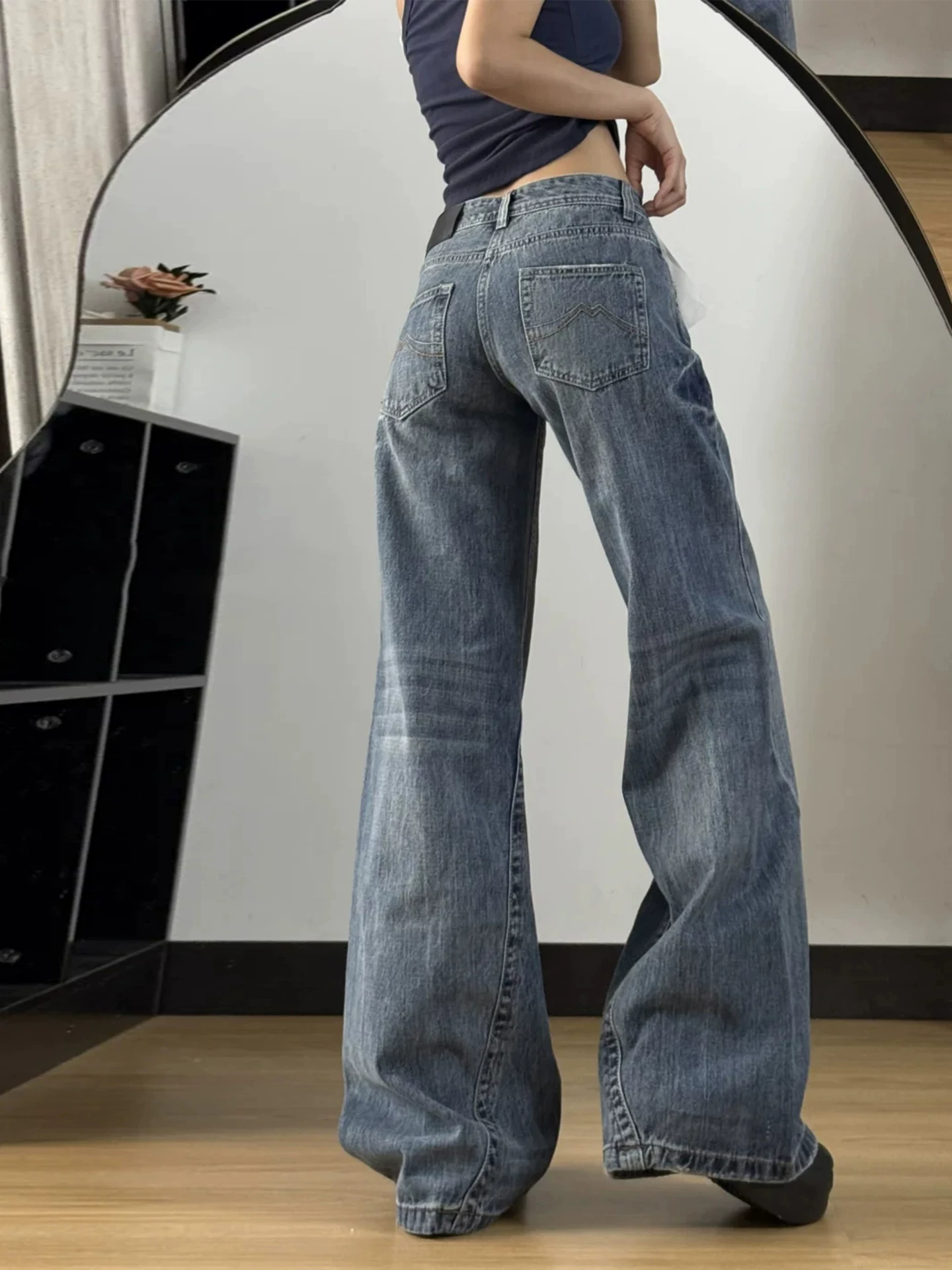 Quần jeans nữ La Chapelle màu xanh, cạp cao, ống rộng, kiểu dáng mới Thu Đông 2025, phong cách Mỹ, tôn dáng, rộng rãi, dài chấm đất