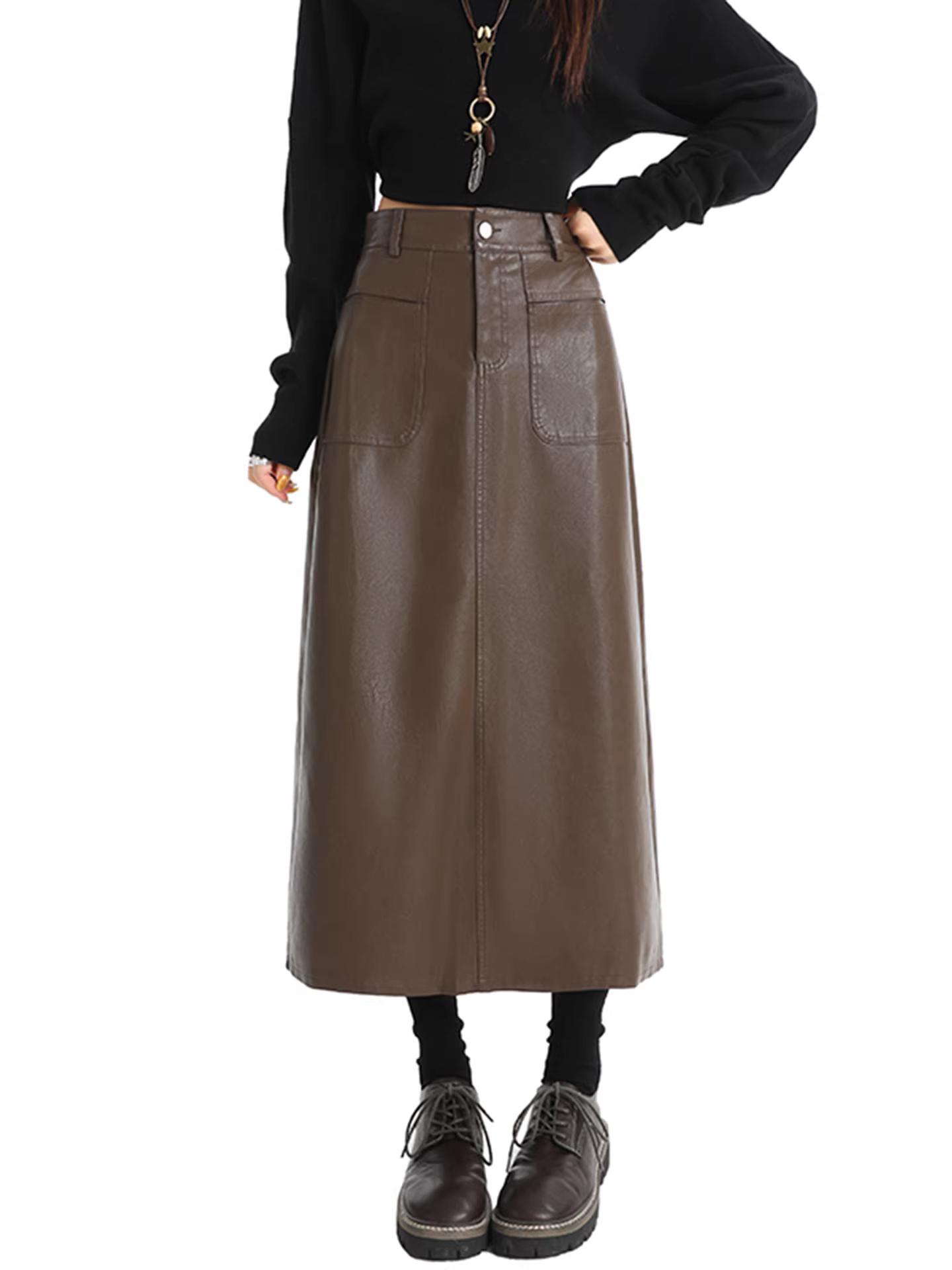 Váy bút chì màu cà phê La Chapelle dành cho nữ, kiểu mới thu đông 2025, váy da dáng dài vừa phải, eo cao, tôn dáng.