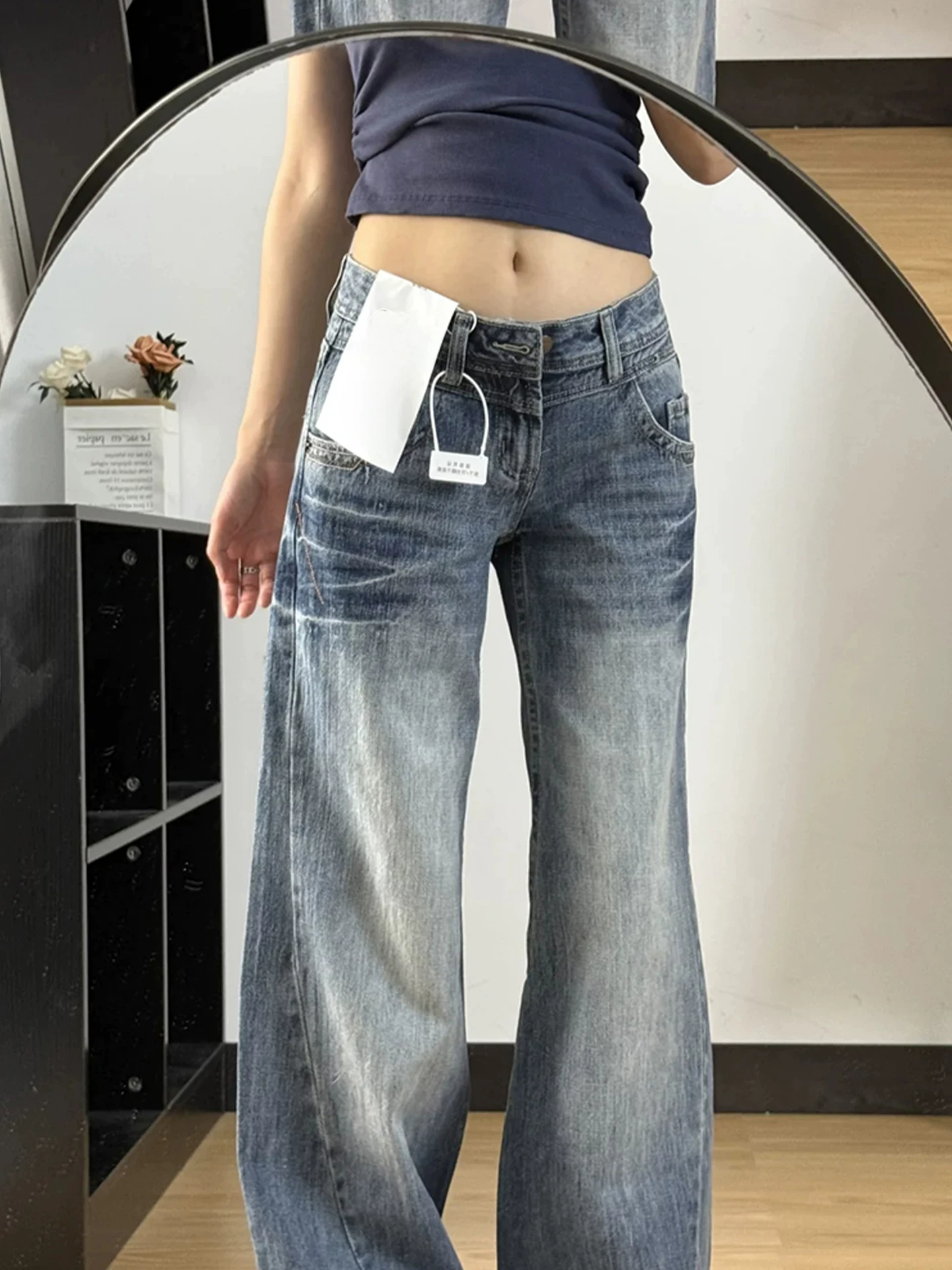 Quần jeans nữ La Chapelle màu xanh, cạp cao, ống rộng, kiểu dáng mới Thu Đông 2025, phong cách Mỹ, tôn dáng, rộng rãi, dài chấm đất