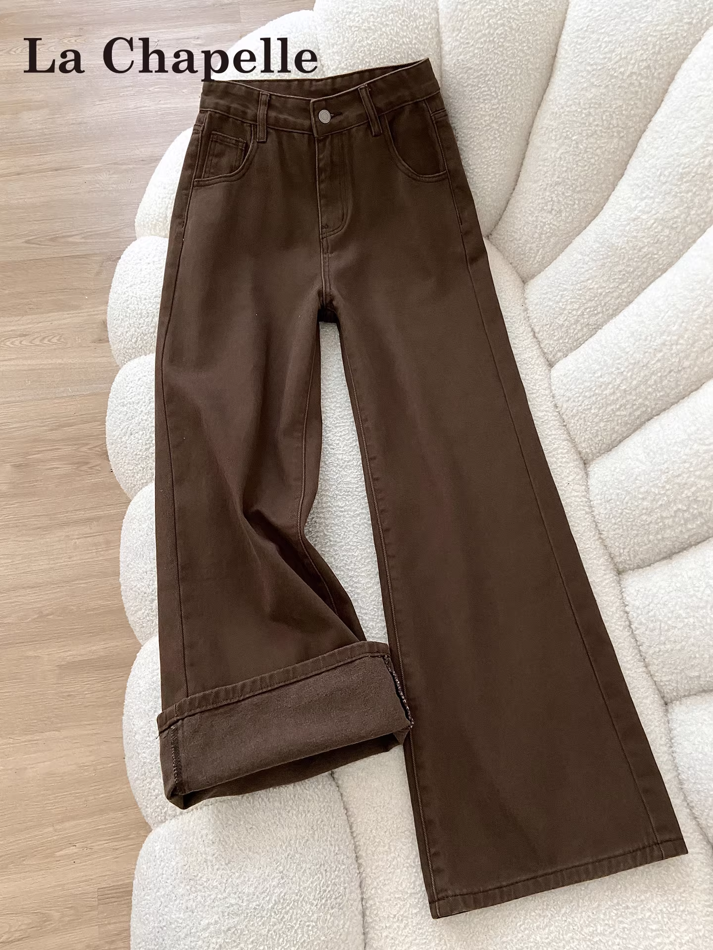 Quần jeans ống rộng dày dặn lót lông nâu La Chapelle dành cho nữ, kiểu mới thu đông 2025, quần ống đứng dáng nhỏ nhắn.