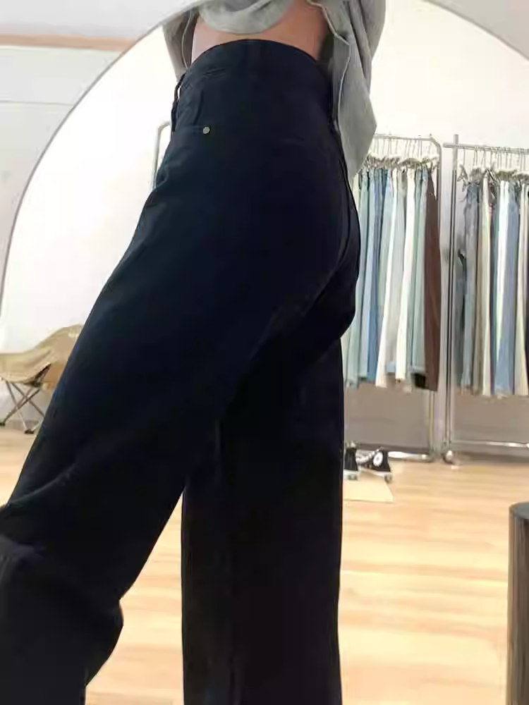 Quần jeans đen dáng rộng La Chapelle dành cho nữ, kiểu mới thu 2025, cạp cao, dáng suông, dành cho người nhỏ nhắn