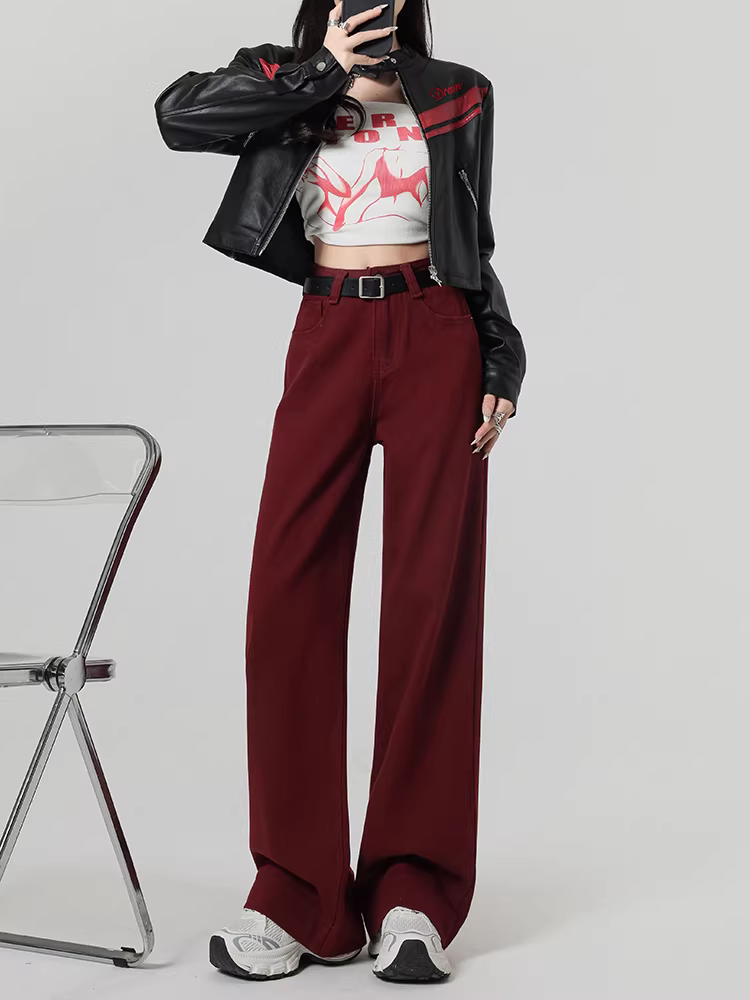 Quần jeans đỏ La Chapelle Ancora dáng rộng dành cho nữ, mẫu mới thu 2025, cạp cao, dáng rộng, dài chấm đất, thẳng.