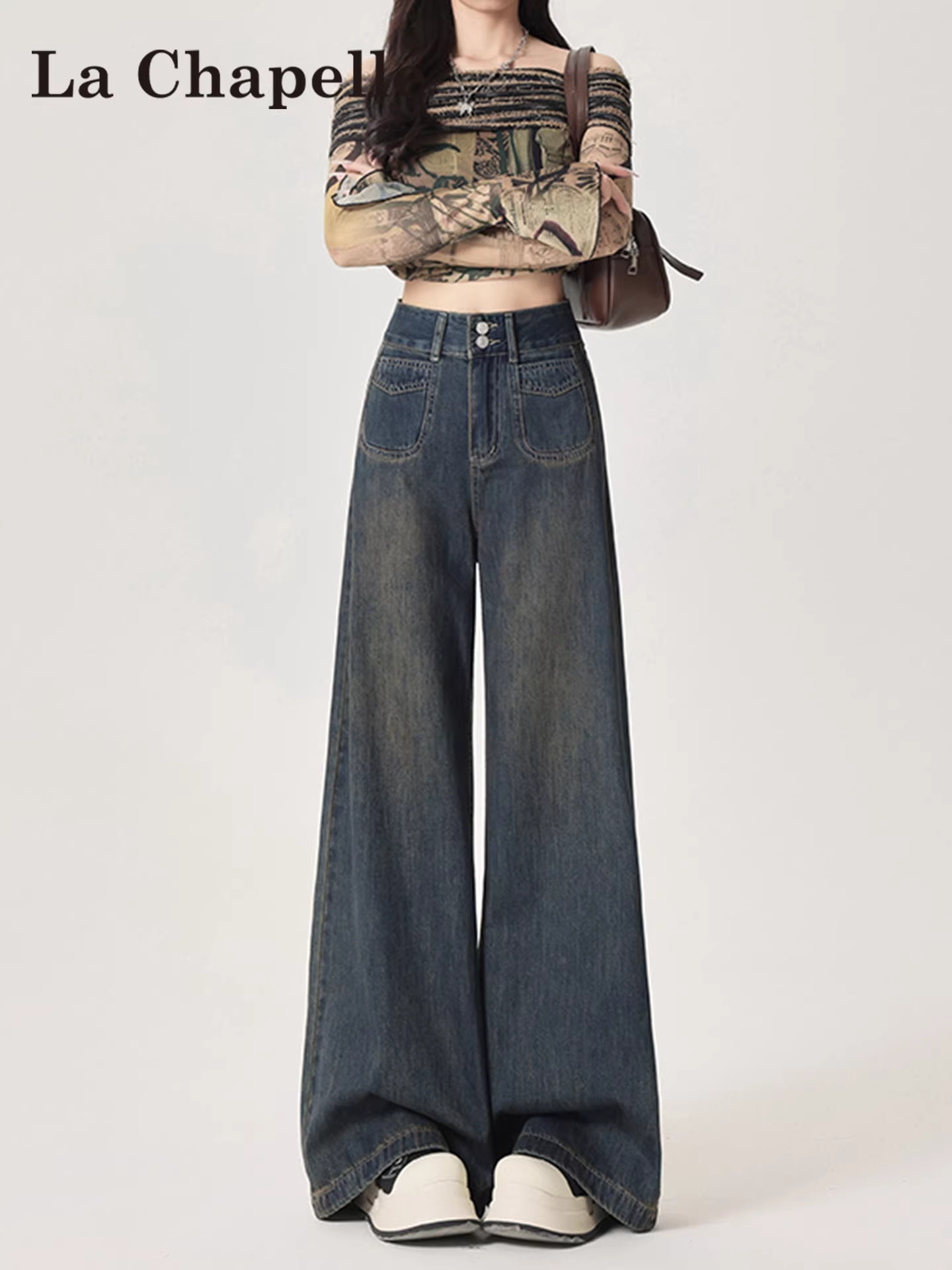 Quần jeans ống rộng màu xám La Chapelle dành cho nữ, mẫu mới thu đông 2025, cạp cao, dáng rộng, thẳng, dành cho người nhỏ nhắn