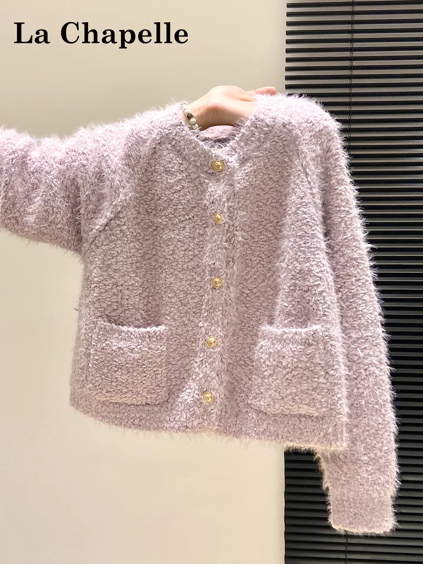 Áo cardigan dệt kim dài tay màu tím La Chapelle dành cho nữ 2025 áo len nhỏ nhắn mới mùa thu đông