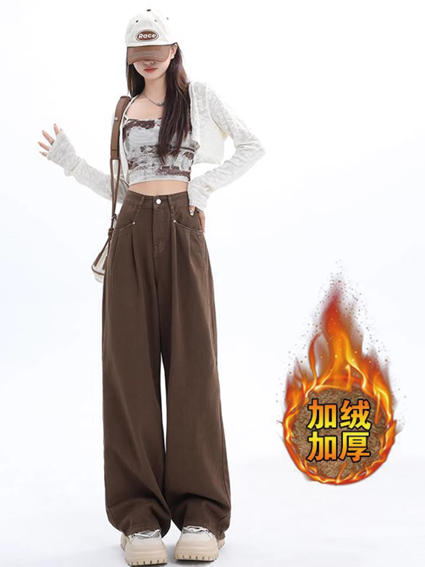 Quần jeans ống rộng màu cà phê La Chapelle Melard dành cho nữ, mẫu mới thu đông 2025, chất liệu dày dặn, lót lông mềm mại, dáng thẳng.