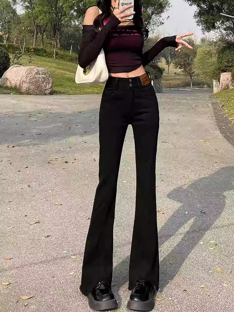 Quần jeans đen dáng loe La Chapelle dành cho nữ, mẫu mới hè 2025, cạp cao, chất liệu co giãn, viền xù, dài chấm đất, kiểu dáng chuông.