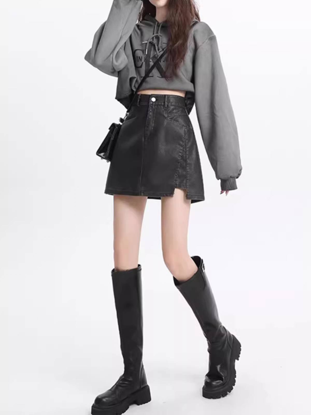 Váy bút chì da PU La Chapelle dành cho nữ, mùa thu đông 2025, kiểu dáng mới, cạp cao, tôn dáng, dáng chữ A, ngắn.