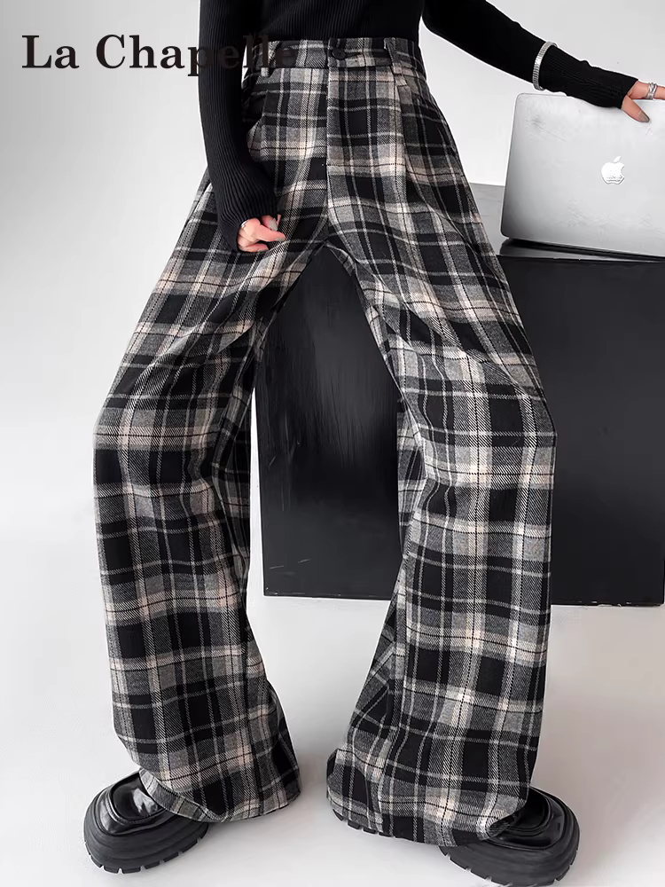 Quần ống rộng kẻ sọc đen La Chapelle dành cho phụ nữ nhỏ nhắn, mẫu mới thu đông 2025, cạp cao, chất liệu len, dáng thẳng, rộng rãi