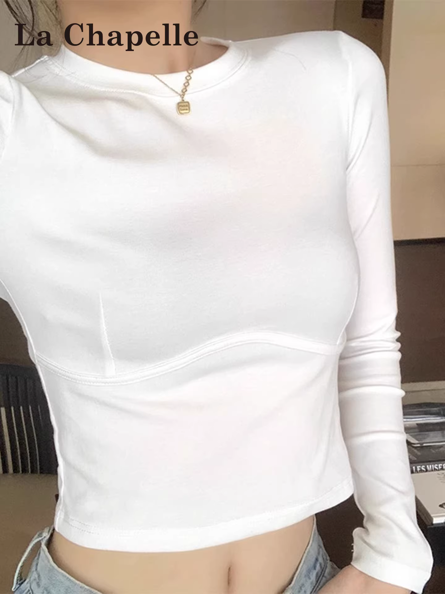 Áo thun nữ La Chapelle màu trắng, tay dài, cổ tròn, kiểu dáng regular, mặc lót trong, mùa thu mới 2025