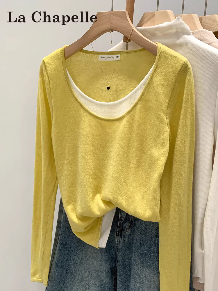 Áo thun dài tay giả hai mảnh màu vàng La Chapelle dành cho nữ, áo lót bên trong rộng rãi và giản dị mùa thu đông mới năm 2025.