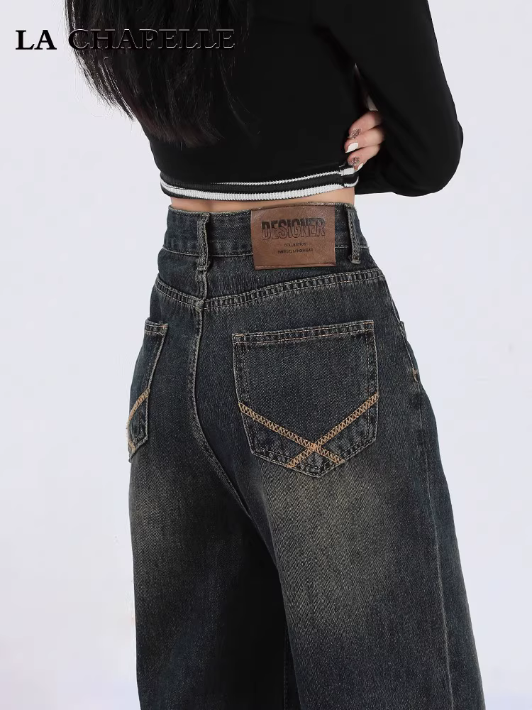 Quần jeans ống rộng La Chapelle dành cho nữ, mẫu mới thu đông 2025, kiểu vintage, cạp cao, dáng rộng, dài chấm đất, dành cho người nhỏ nhắn.