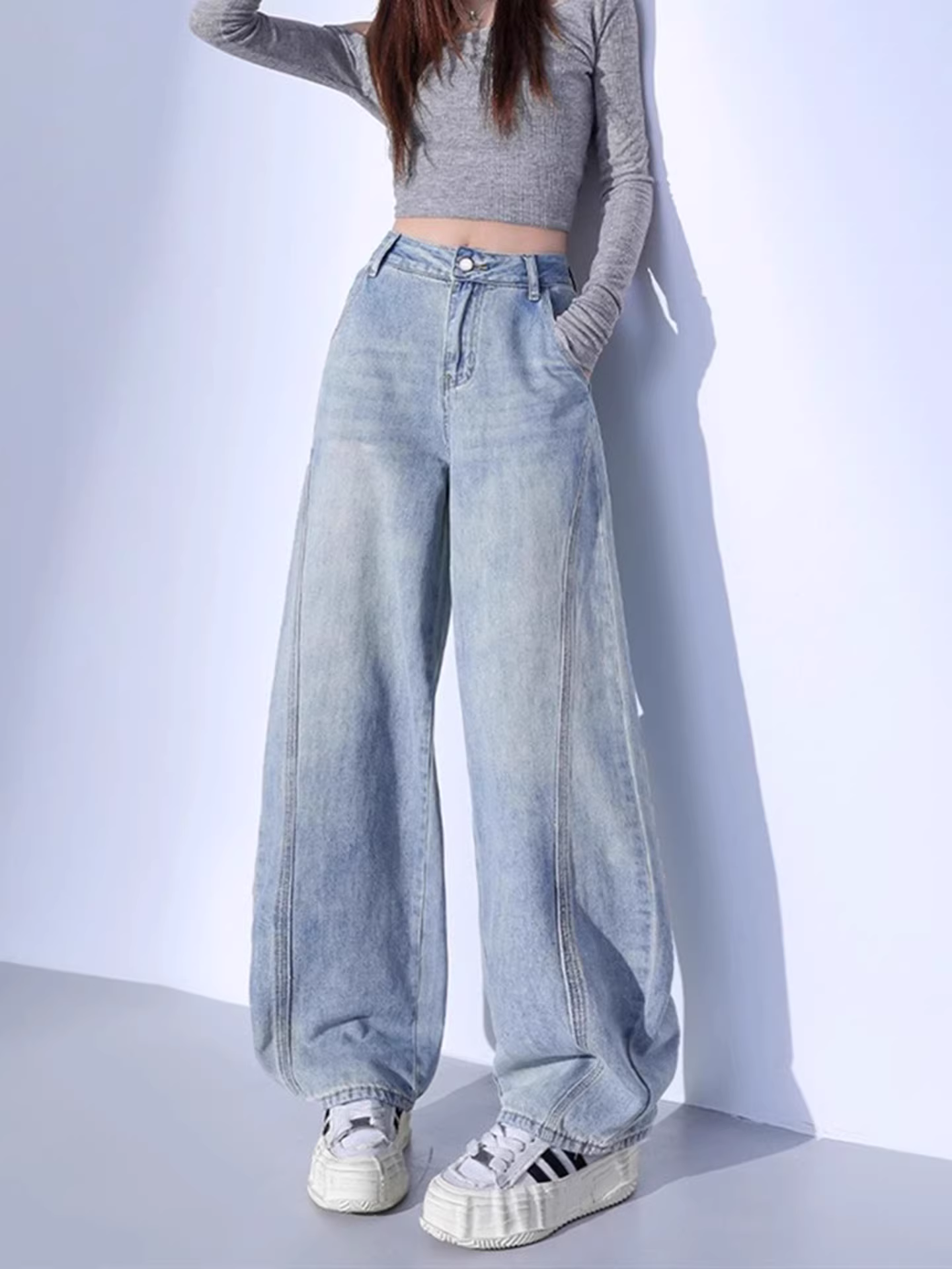 Quần jeans ống rộng La Chapelle retro che hông dành cho nữ, mẫu mới thu đông 2025, cạp cao, dáng rộng, thẳng