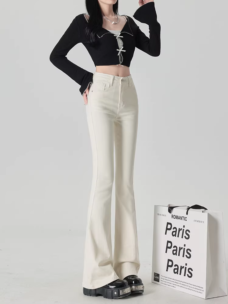 Quần jeans ống loe lót lông trắng La Chapelle dành cho nữ, mẫu mới thu đông 2025, cạp cao, ôm dáng, kiểu bootcut