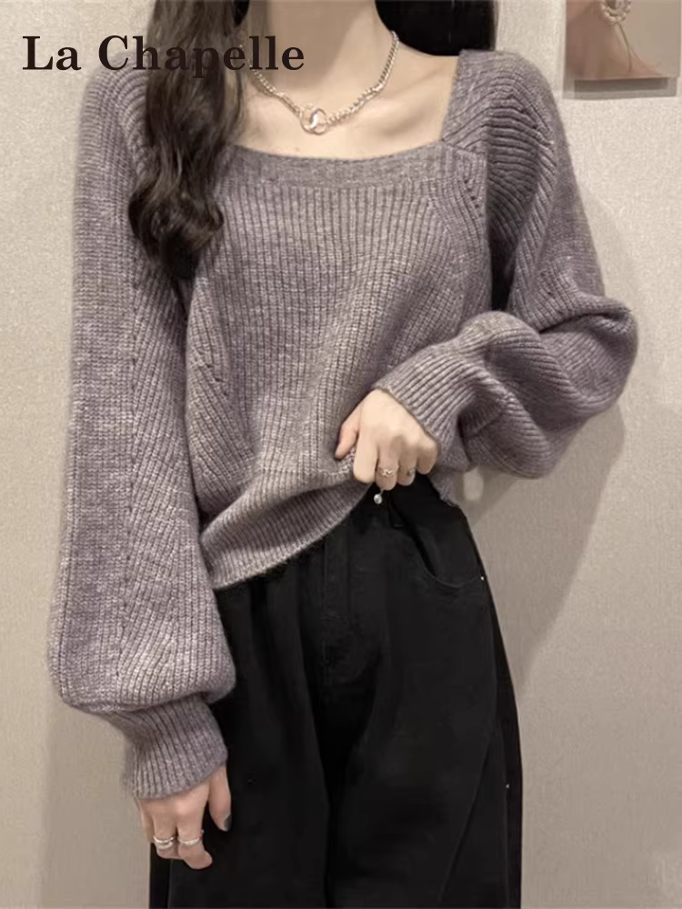 Áo len dệt kim cổ vuông màu xám La Chapelle dành cho nữ, mẫu mới thu đông 2025, áo len dáng nhỏ tay phồng, áo lót