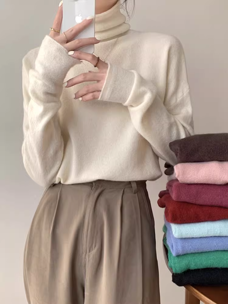 Áo len cổ lọ La Chapelle dành cho nữ 2025, mẫu thu đông mới, cổ xếp lớp, ôm dáng, mặc lót bên trong
