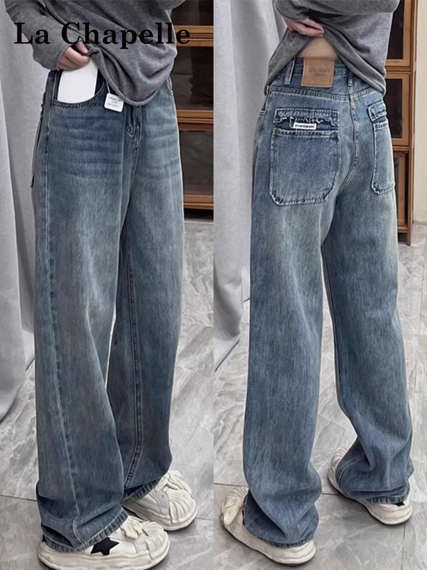 Quần jeans ống rộng dày dặn lót lông phong cách La Chapelle dành cho nữ, quần ống đứng rộng lưng cao mùa thu đông 2025 dành cho người nhỏ nhắn.