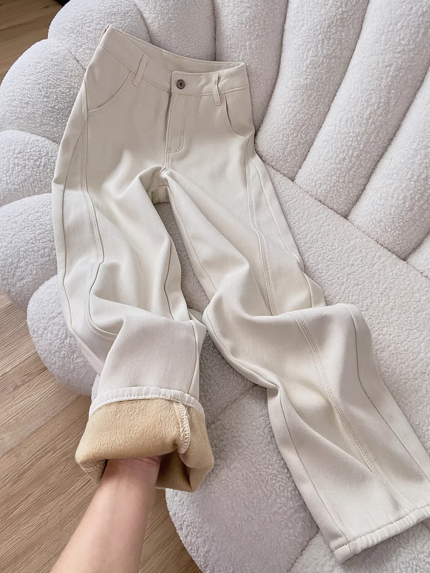 Quần jean ống rộng lót lông cừu trắng La Chapelle dành cho nữ, mùa thu đông 2025, kiểu mới cạp cao, dáng rộng, dày dặn, ống cong