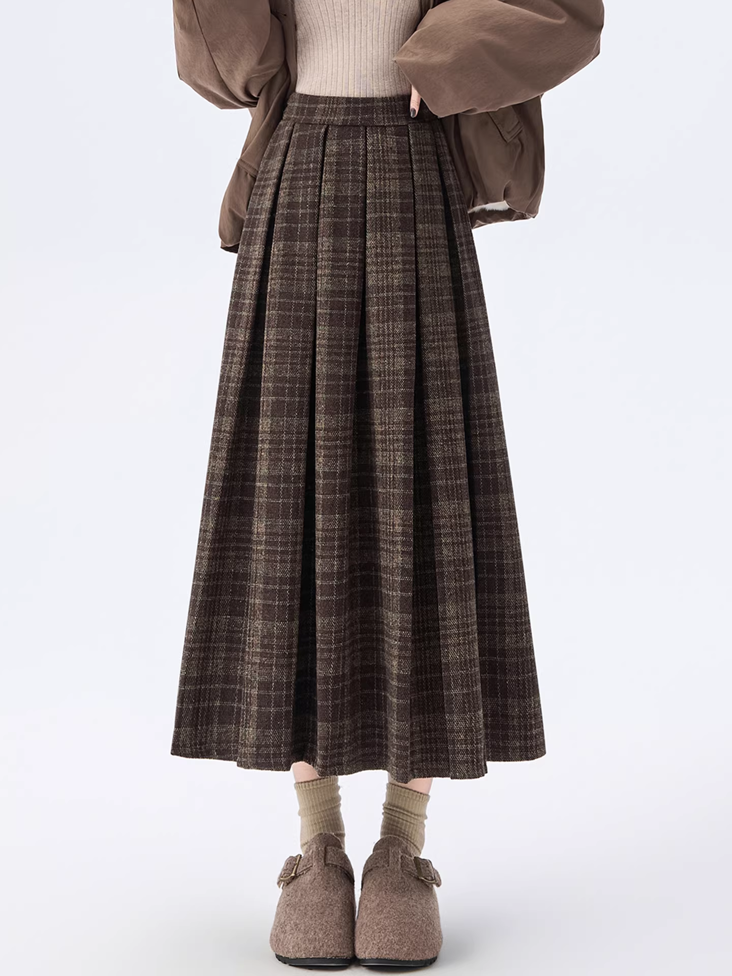 Váy len kẻ sọc màu xám La Chapelle dành cho nữ 2025 mới thu đông dáng nhỏ eo cao tôn dáng dài