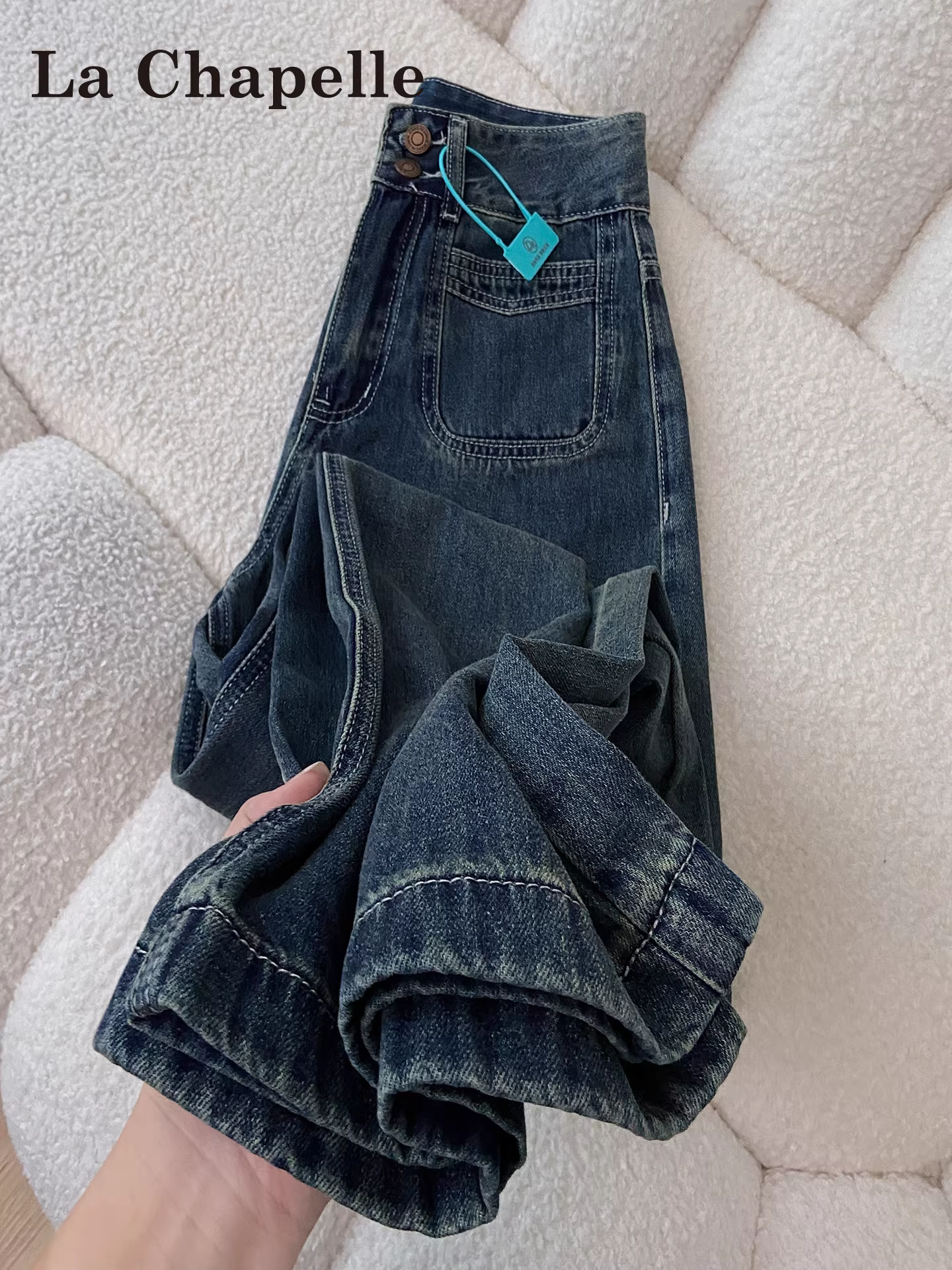 Quần jeans ống rộng màu xanh đậm La Chapelle dành cho nữ, mẫu mới thu đông 2025, lót lông, cạp cao, dáng rộng, thẳng.