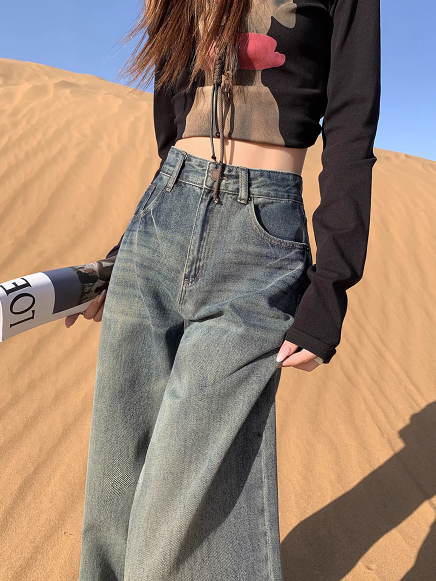 Quần jeans ống rộng La Chapelle kiểu retro dành cho nữ, thu đông 2025, cạp cao, dáng suông, size nhỏ