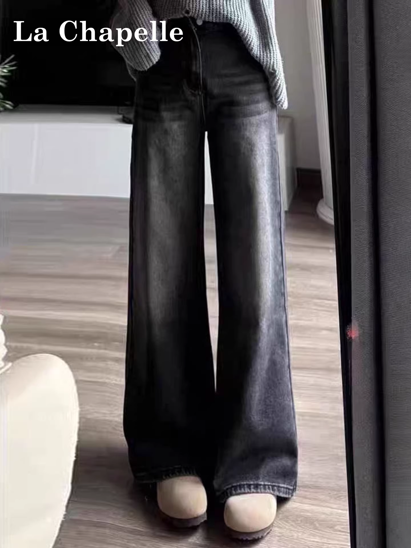 Quần jeans ống rộng dày dặn lót lông cừu đen La Chapelle dành cho nữ, mẫu mới thu đông 2025, dáng nhỏ nhắn, cạp cao, ống thẳng